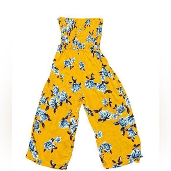 Active USA Jumpsuit Strapless Cropped Wide Leg Floral Print Blue Yellow Medium - Picture 1 of 6